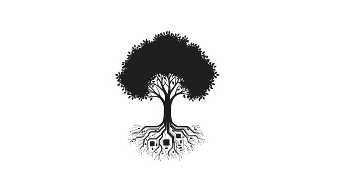 Digital Tree of Life with Circuit Board Roots and White Background