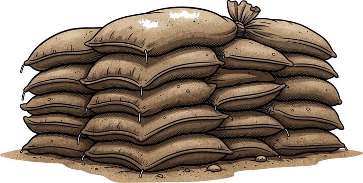 This detailed illustration showcases a formidable stack of meticulously arranged sandbags, forming a robust defensive barrier for essential protection and security.