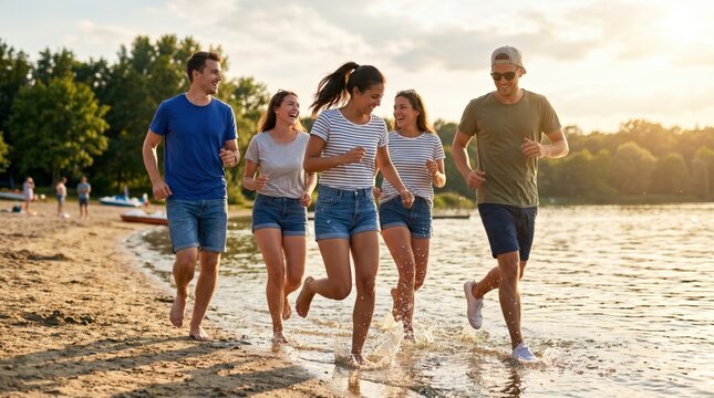 Group of young adult friends jogging and laughing together on a sandy beach at sunset during summer vacation