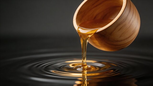 Honey pouring from wooden cup