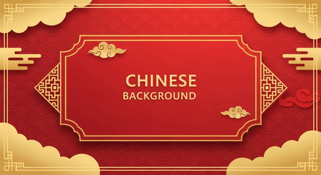 Red and gold Chinese New Year background featuring a central decorative frame, auspicious golden clouds, and traditional geometric key patterns over a red wave scale texture.