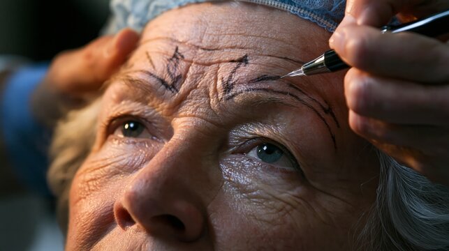 Preoperative brow lift surgery consultation for severe brow descent and forehead aging. A surgeon marks lifting vectors and incision lines on a patient with dramatically low heavy brows.