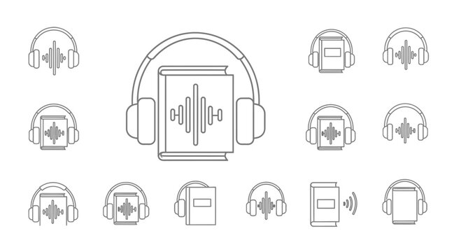 Audiobook Icons Set: Headphones & Books with Sound Waves