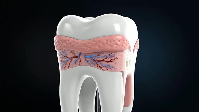 Detailed Medical CGI Visualization of Gum Health and Tooth Anatomy Over Dark Background