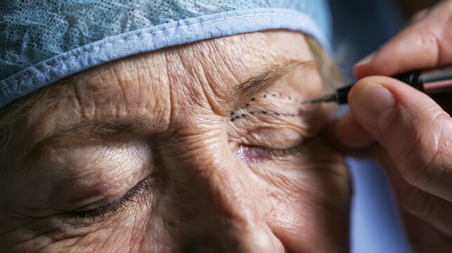 Preoperative upper eyelid blepharoplasty plastic surgery consultation. A surgeon draws incision markings on an elderly patient whose extremely heavy hooded eyelids.