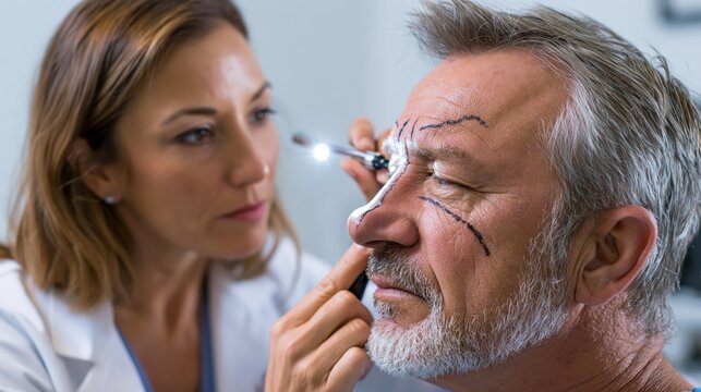 Preoperative rhinoplasty nose surgery consultation with surgical marking. A surgeon draws reshaping guidelines on a patient with a pronounced dorsal hump and a deviated crooked nasal bridge.