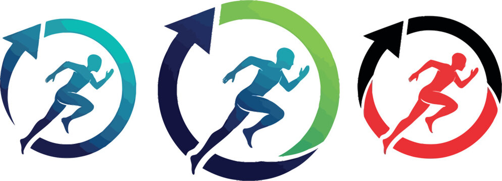Dynamic running man logos in three vibrant color variations represent speed, endurance, health, and continuous progress, ideal for fitness brands, sports, and active lifestyle themes.