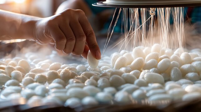Silkworm cocoon silk thread reeling process for luxury silk fiber production. White silkworm cocoons float in hot steaming water with fine silk threads.