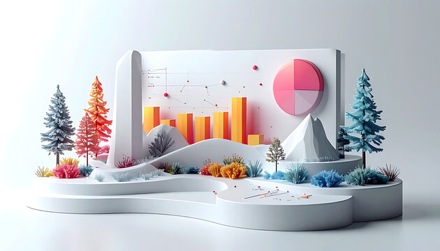 Abstract 3D diorama representing financial data visualization with a pie chart and bar graph, set in a stylized winter landscape with trees and snow