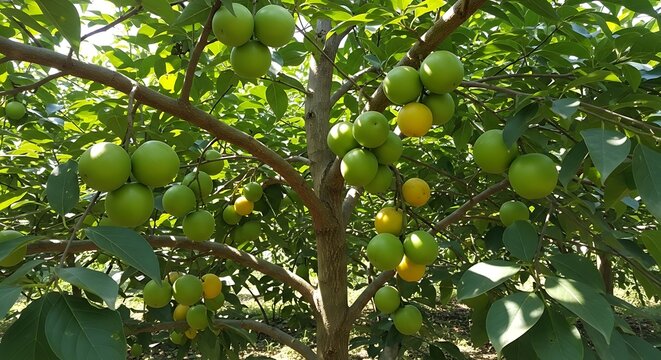 Abundant Green and Yellow Fruits Ripening on Tree Branches in Sunlight.