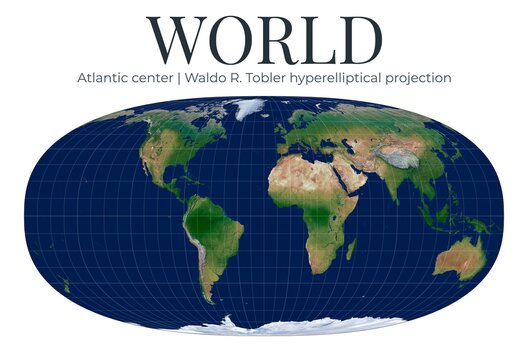 World Map. Waldo R. Tobler hyperelliptical projection. Atlantic center at 0 latitude and -20 longitude. High detail physical map showing Earth topography.