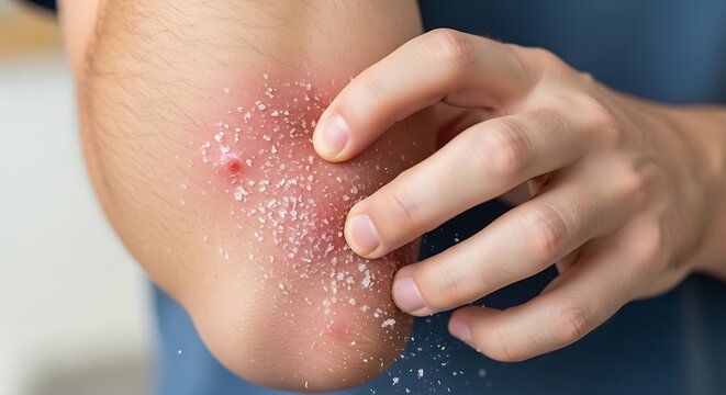 Close-up of a person scratching an itchy elbow with dry, flaky skin.