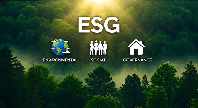 E S G concept with environmental social governance over green forest background