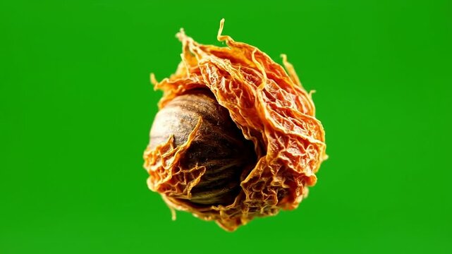 Dried Seed Pod Close-Up Against Vibrant Green Background for Botanical and Nature Studies