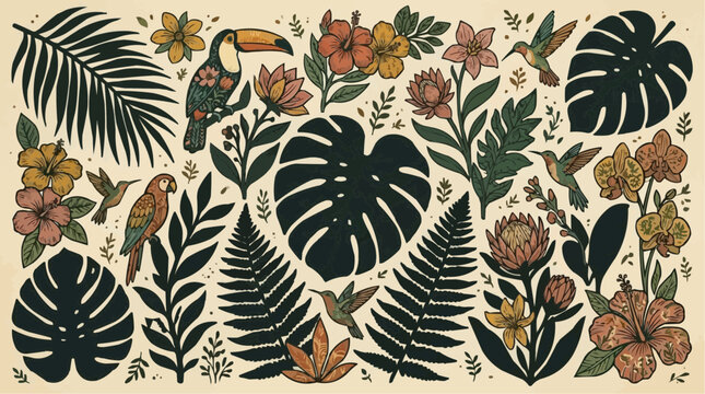 Tropical Paradise Illustration: An elegant, artistic illustration presenting a diverse array of tropical flora and fauna. Vivid colors and intricate details portray a sense of vibrancy and exoticism.