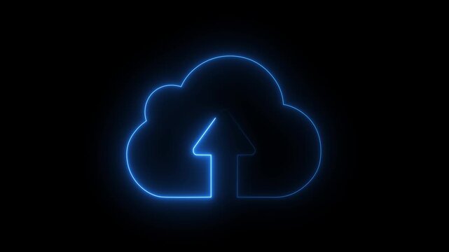 Glowing neon cloud storage with arrows, looped animation. Cloud space and technology, data backup icon. Cloud computing glowing neon Downloading icon animation on black background