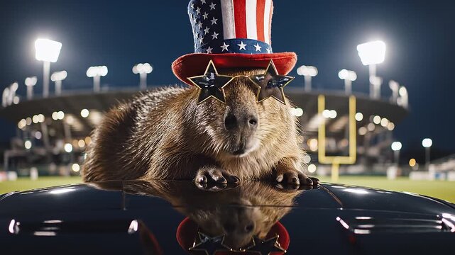 Patriotic Capybara Wearing American Flag Hat and Sunglasses Sitting on Car in Football Stadium at Night with Bright Lights and Fans