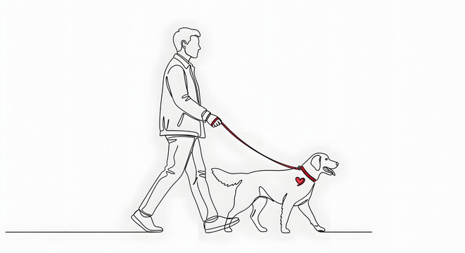 A minimalist continuous line drawing of a man walking his loyal dog on a red leash. The illustration features a small red heart on the dog's body, symbolizing the deep bond of love, companionship