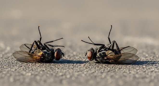 Two Dead Flies Lying on Their Backs on a Concrete Surface.