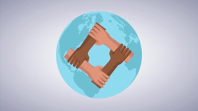 Interracial hands joined together in circle over planet earth symbol representing global unity and cooperation.