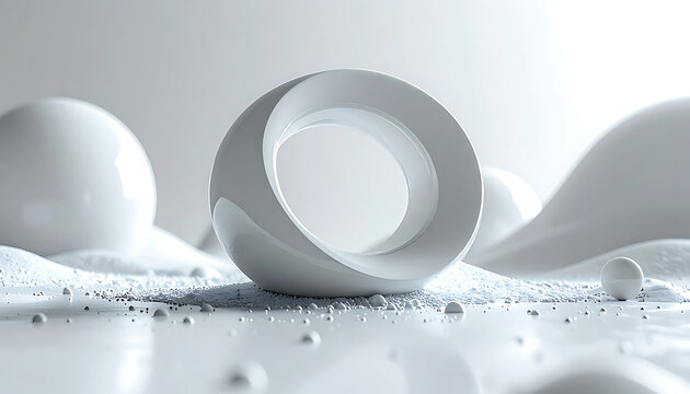 Abstract white M?bius strip shape with smooth spheres and granular texture, representing infinity and continuity on a minimalist background