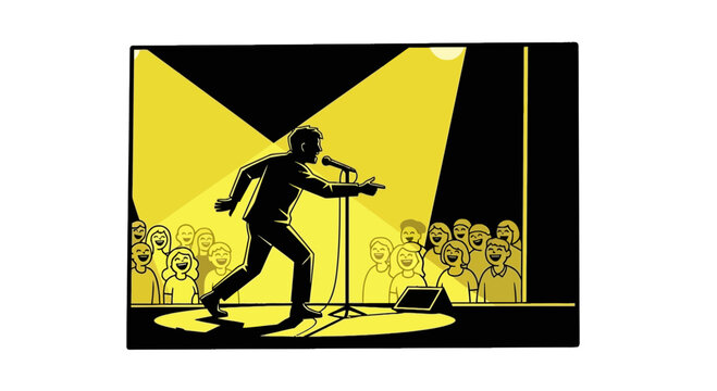 Man performing stand up comedy on stage under yellow spotlights