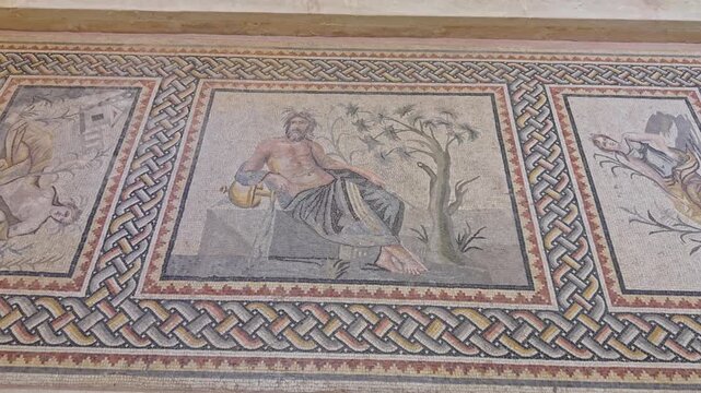 Cinematic 4K close-up of the Roman River Gods mosaic in Zeugma Museum. Features detailed depictions of Euphrates, Achelous, and Peneus from the ancient Poseidon Villa.