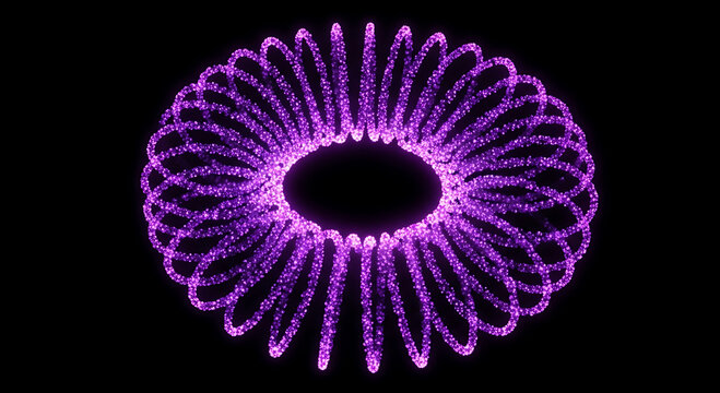 Glowing purple toroidal spring shape made of small particles on black coil