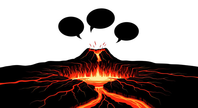 Volcanic Eruption with Lava and Speech Bubbles for Heated Debate