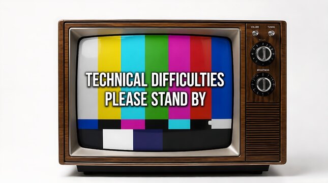 Vintage television displaying technical difficulties message with color bars on screen