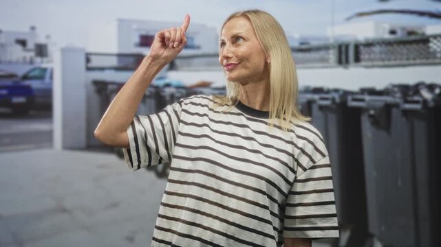 Woman middle age blonde points index finger upward beside row of black garbage bins on an urban street while smiling and looking up; playful delight.