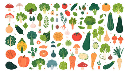 Obraz premium Collection of pixel art vegetables and mushrooms, fresh produce, healthy food icons, flat design elements, isolated on white