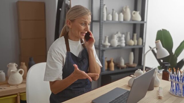 Woman artisan talking on phone, gesturing with hand at pottery studio by laptop and shelves of ceramic vases; focused small business owner.