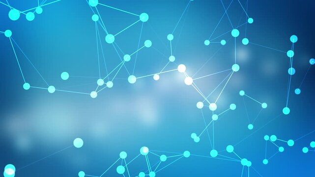 Dynamic seamless loop animation featuring glowing data points and floating particles in digital space. Perfect for tech, science, or business presentations. Wide screen.
