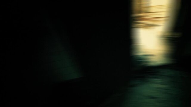 First-person horror perspective showing a violent impact where the character is hit, camera spinning rapidly before dropping to the floor. High-tension thriller, dynamic motion, dramatic camera shake,