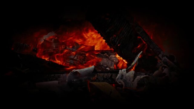 Close up of a burning campfire with bright orange flames and glowing embers on charred wood at night. Intense heat and atmospheric fire light in a dark outdoor environment.