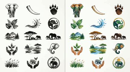 Collection of Elephant Icons and Illustrations in Various Styles, Including Watercolor and Silhouette. © Renald