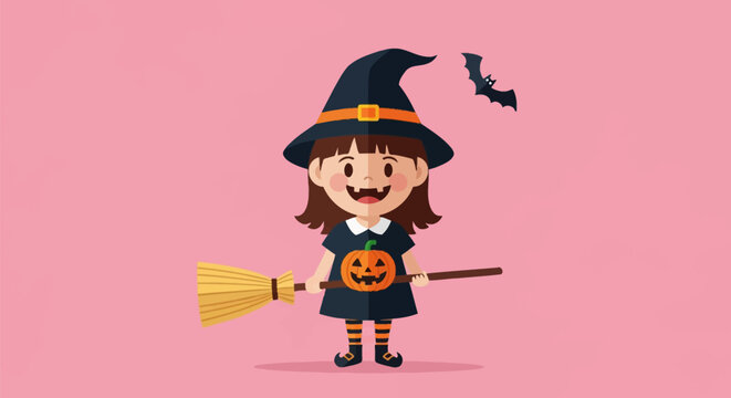 Vector cartoon illustration of a smiling young girl wearing a black witch hat and dress, holding a straw broom and a carved pumpkin lantern, with a small bat on a pink background.