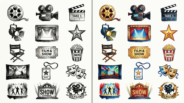 Collection of cinema and movie icons in sketch and watercolor styles, representing film production and entertainment.