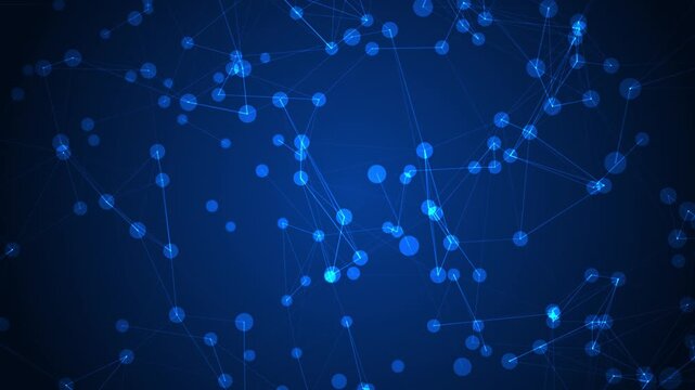 Dynamic seamless loop animation featuring glowing data points and floating particles in digital space. Perfect for tech, science, or business presentations. Wide screen.