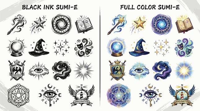 Collection of Mystical and Magical Symbols in Black Ink and Full Color Sumi-E Style.