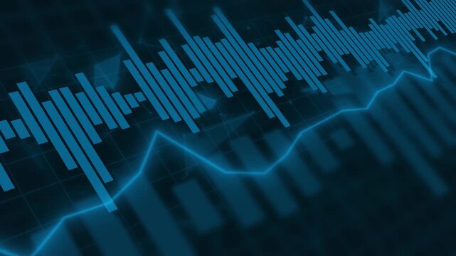 Animated digital blue equalizer bars and financial data lines on a dark background. Concept of audio analysis, business growth, or futuristic technology interface.