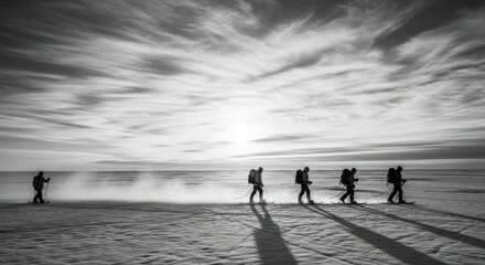 Fototapeta premium Group of hikers trekking across a vast icy landscape under a dramatic sky.