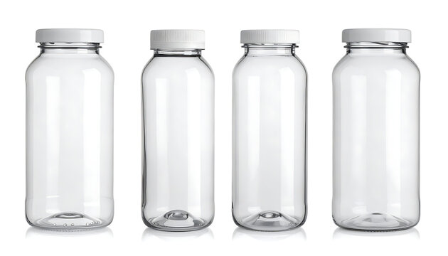 Four empty clear plastic bottles with white caps isolated on a white background, ideal for packaging design concepts