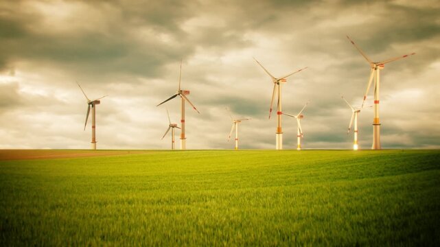 High-quality 4k 3D animation render of wind turbines set in a vibrant, lush green field. Concept of clean alternative energy and sustainable agricultural landscape.
