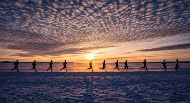 Group of runners silhouetted against a dramatic sunset sky during a winter marathon.
