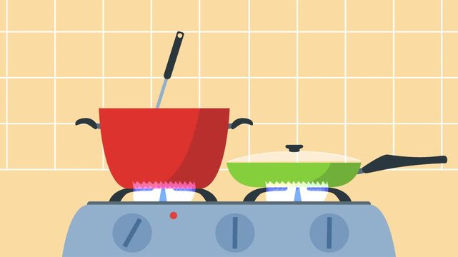 Cooking animation with stove, red pot, green pan, and kitchen utensils on tiled background with dynamic motion.