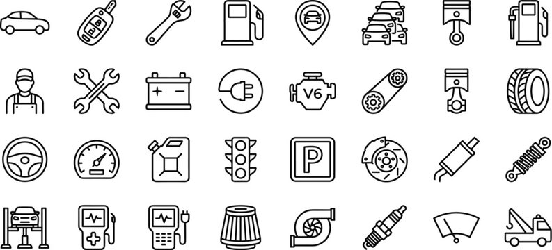 Automotive Service and Car Maintenance Line Icon Set Featuring Repair Tools, Engine Parts, Fuel Station Symbols, and Vehicle Diagnostics Elements