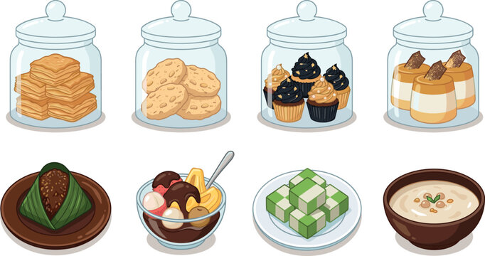 Indonesian traditional snacks and desserts set with cookies in glass jars kue lapis and sweet porridge vector illustration isolated