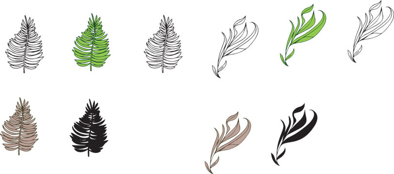 葉っぱおしゃれな植物のイラスト素材 - 線画・カラー・枯・シンプルなボタニカルデザイン